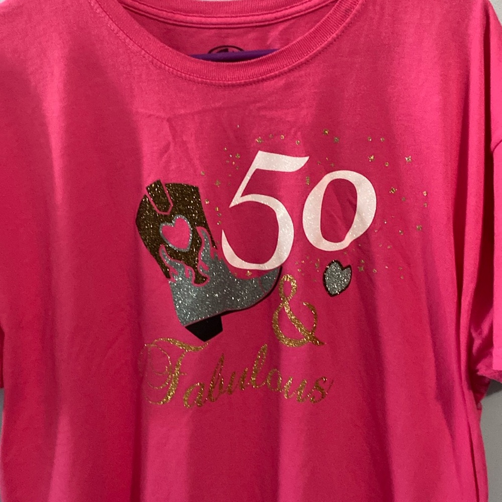 FIFTY 50TH  BIRTHDAY TEE COTTON &  GLITTER XL 46-48  NOT MY FIRST RODEO 23” P-P